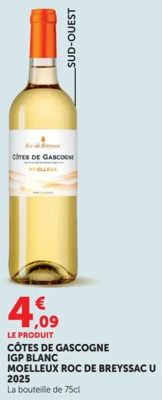 CÔTES DE GASCOGNE IGP BLANC MOELLEUX ROC DE BREYSSAC U 2025 La bouteille de 75cl