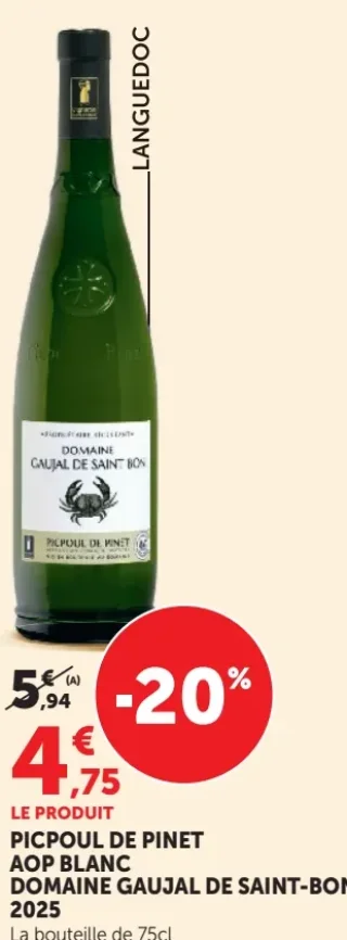 PICPOUL DE PINET AOP BLANC DOMAINE GAUJAL DE SAINT-BON 2025