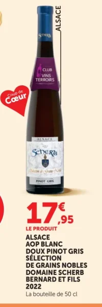 ALSACE AOP BLANC DOUX PINOT GRIS SÉLECTION DE GRAINS NOBLES DOMAINE SCHERB BERNARD ET FILS 2017