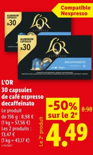L'OR 30 capsules de café espresso decaffeinato