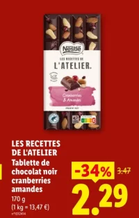 Nestlé Les Recettes de l'Atelier Tablette de chocolat noir cranberries amandes