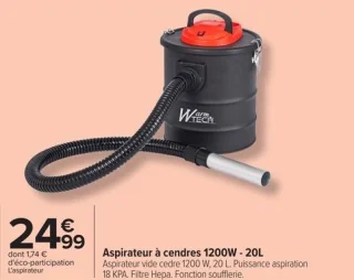 Aspirateur à cendres 1200W - 20L Warm Tech