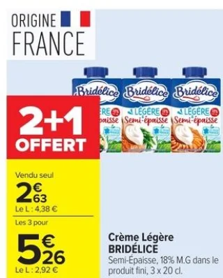 Crème Légère BRIDÉLICE Semi-Épaisse, 18% M.G dans le produit fini