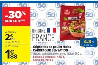 Grignottes de poulet rôties CARREFOUR SENSATION Nature, barbecue, mexicain ou Indien