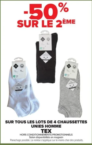 -50% sur le 2eme lot de 4 chaussettes unies homme Tex