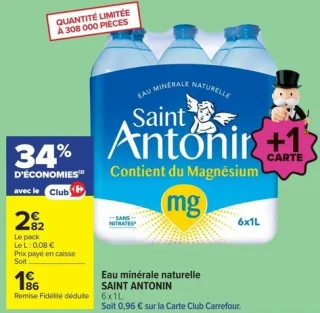 Eau minérale naturelle SAINT ANTONIN 6 x 1 L.