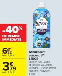 Adoucissant concentré Lenor Envolée d'Air, Jasmin et Rose de Mai, Ambre Orchidée, Fleur de Jasmin ou Coton