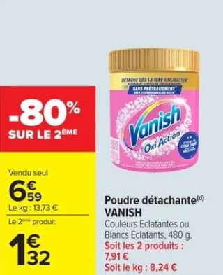 Poudre détachante Vanish Couleurs Eclatantes ou Blancs Eclatants