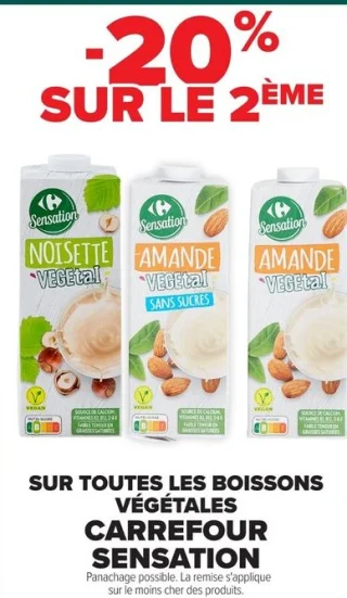 Boissons végétales Carrefour Sensation (Noisette végétal, Amande végétal sans sucres, Amande végétal)