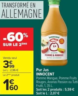 Pur Jus Innocent (Pomme Mangue, Pomme Fruits Rouges, Ananas Passion ou Tutti Frutti)