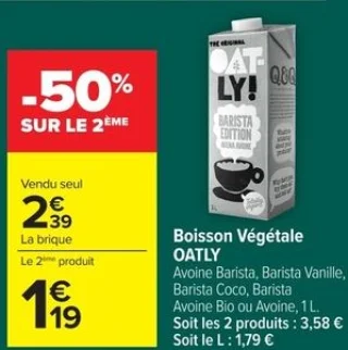 Boisson Végétale Oatly (Avoine Barista, Barista Vanille, Barista Coco, Barista Avoine Bio ou Avoine)