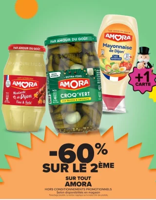 Gamme de produits Amora (Moutarde de Dijon, Croq'Vert, Mayonnaise)