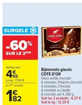 Bâtonnets glacés CÔTE D'OR Glace vanille chocolat & noisettes, Pistache chocolat & amandes, Chocolat & noisettes ou Vanille & chocolat