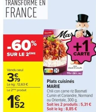 Plats cuisinés MARIE Chili con carne riz Basmati Cumin et Coriandre, Normand ou Orientale