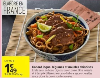 Canard laqué, légumes et nouilles chinoises