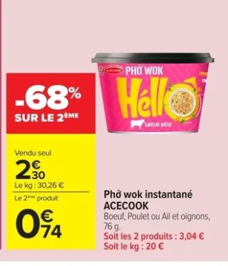 Phở wok instantané ACECOOK Hello (Boeuf, Poulet ou Ail et oignons)