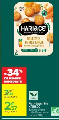 Plat végétal Bio HARI&CO Boulettes de pois chiche Patate douce-Curcuma
