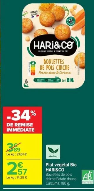 Plat végétal Bio HARI&CO Boulettes de pois chiche Patate douce-Curcuma