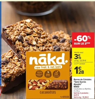 Barres de Céréales "Sans Sucres Ajoutés" NAKD Cacahuètes ou Myrtilles