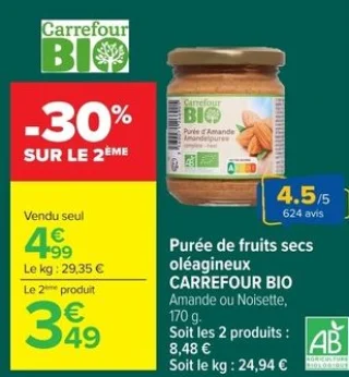 Purée de fruits secs oléagineux CARREFOUR BIO Amande ou Noisette