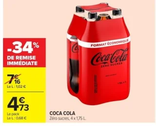 COCA COLA Zéro sucres, 4 x 1,75 L.