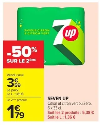 SEVEN UP Citron et citron vert ou Zéro, 6 x 33 cl.