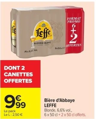 Bière d'Abbaye LEFFE Blonde, 6,6% vol., 6 x 50 cl + 2 x 50 cl offerts.