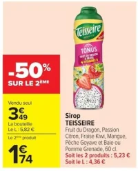 Sirop TEISSEIRE Fruit du Dragon, Passion Citron, Fraise Kiwi, Mangue, Pêche Goyave et Baie ou Pomme Grenade, 60 cl.