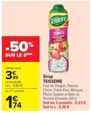 Sirop TEISSEIRE Fruit du Dragon, Passion Citron, Fraise Kiwi, Mangue, Pêche Goyave et Baie ou Pomme Grenade, 60 cl.
