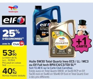 Huile 5W30 Total Quartz Ineo ECS / LL / MC3 ou Elf Full tech RPX/C4/C3/TDI 5L