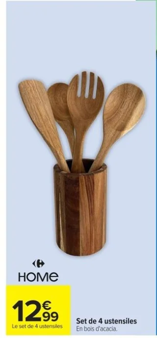 Carrefour Home Set de 4 ustensiles en bois d'acacia