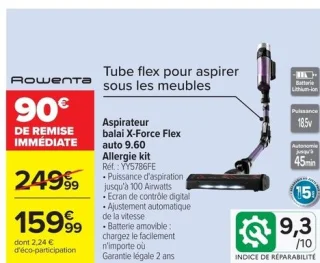 Aspirateur balai X-Force Flex auto 9.60 Allergie kit Rowenta YY5786FE