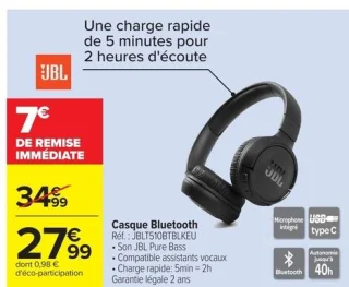 Casque Bluetooth JBL JBLT510BTBLKEU
