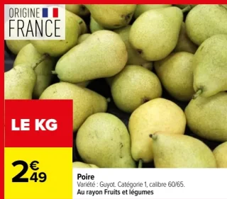 Poire Variété : Guyot. Catégorie 1, calibre 60/65