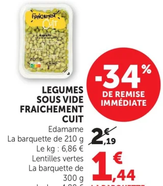 Légumes sous vide fraîchement cuit Edamame ou Lentilles vertes
