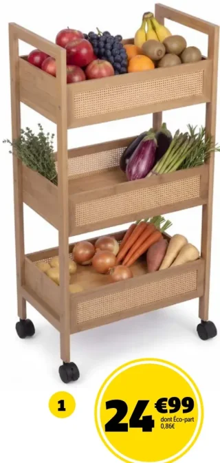 GIFI DESSERTE 3 NIVEAUX DIM. 25X40X80 CM, BAMBOU, MDF*, AVEC ROULETTES, RÉF. 647834