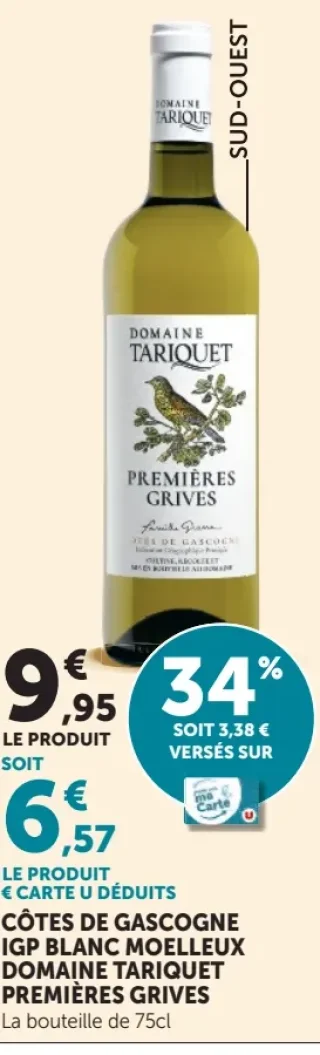 Côtes de Gascogne IGP Blanc Moelleux Domaine Tariquet Premières Grives