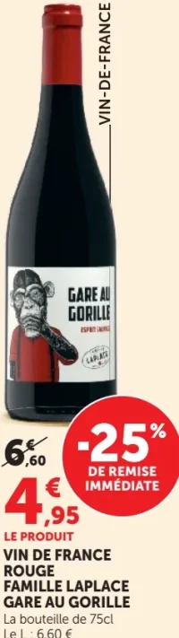 VIN DE FRANCE ROUGE FAMILLE LAPLACE GARE AU GORILLE