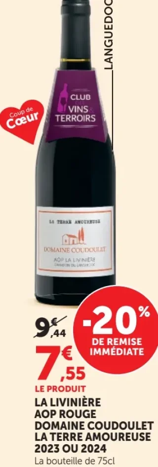 La Livinière AOP Rouge Domaine Coudoulet La Terre Amoureuse 2023 ou 2024