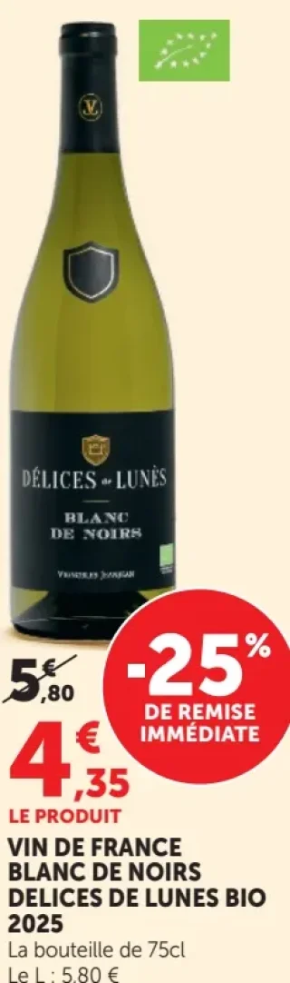 Délices de Lunes Vin de France Blanc de Noirs Bio 2025