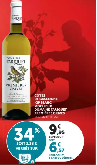 Vin blanc Domaine Tariquet Premières Grives Côtes de Gascogne IGP Moelleux