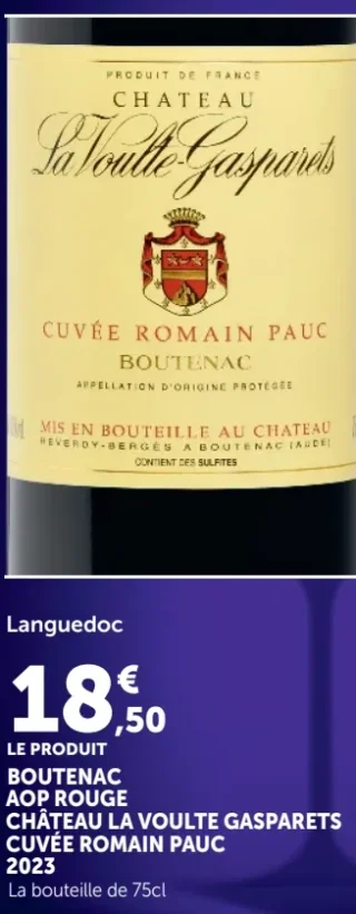 Vin rouge Boutenac AOP Château La Voulte Gasparets Cuvée Romain Pauc 2021