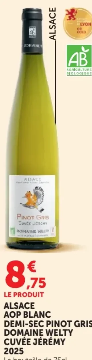 ALSACE AOP BLANC DEMI-SEC PINOT GRIS DOMAINE WELTY CUVÉE JÉRÉMY 2025