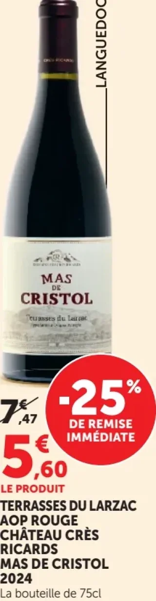 Vin rouge AOP Terrasses du Larzac Château Crès Ricards Mas de Cristol