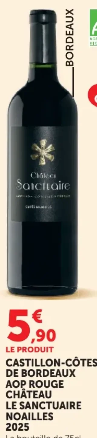 Vin rouge bio Castillon-Côtes de Bordeaux AOP Rouge Château Le Sanctuaire Noailles 2025