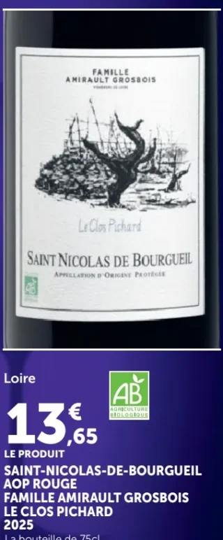 Vin rouge Saint-Nicolas-De-Bourgueil AOP Rouge Famille Amirault Grosbois Le Clos Pichard 2025