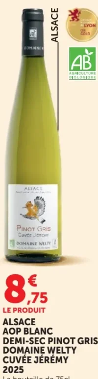 ALSACE AOP BLANC DEMI-SEC PINOT GRIS DOMAINE WELTY CUVÉE JÉRÉMY 2025