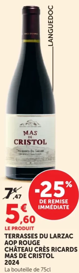 Vin rouge Terrasses du Larzac AOP Rouge Château Crès Ricards Mas de Cristol 2024