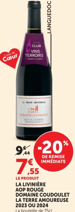 Vin rouge La Livinière AOP Rouge Domaine Coudoulet La Terre Amoureuse 2023 ou 2024