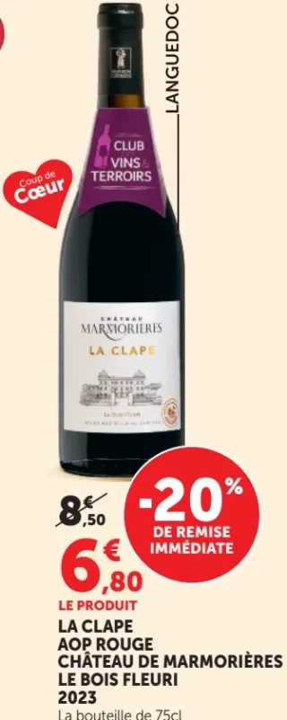 Vin rouge La Clape AOP Rouge Château de Marmorières Le Bois Fleuri 2023